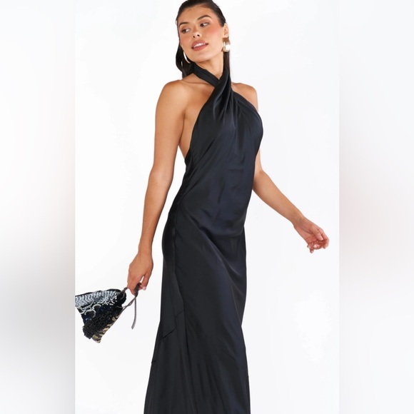 Show Me Your MuMu Maxi Dress Women's Size Large Black Satin Jasmine Halter - Picture 8 of 14